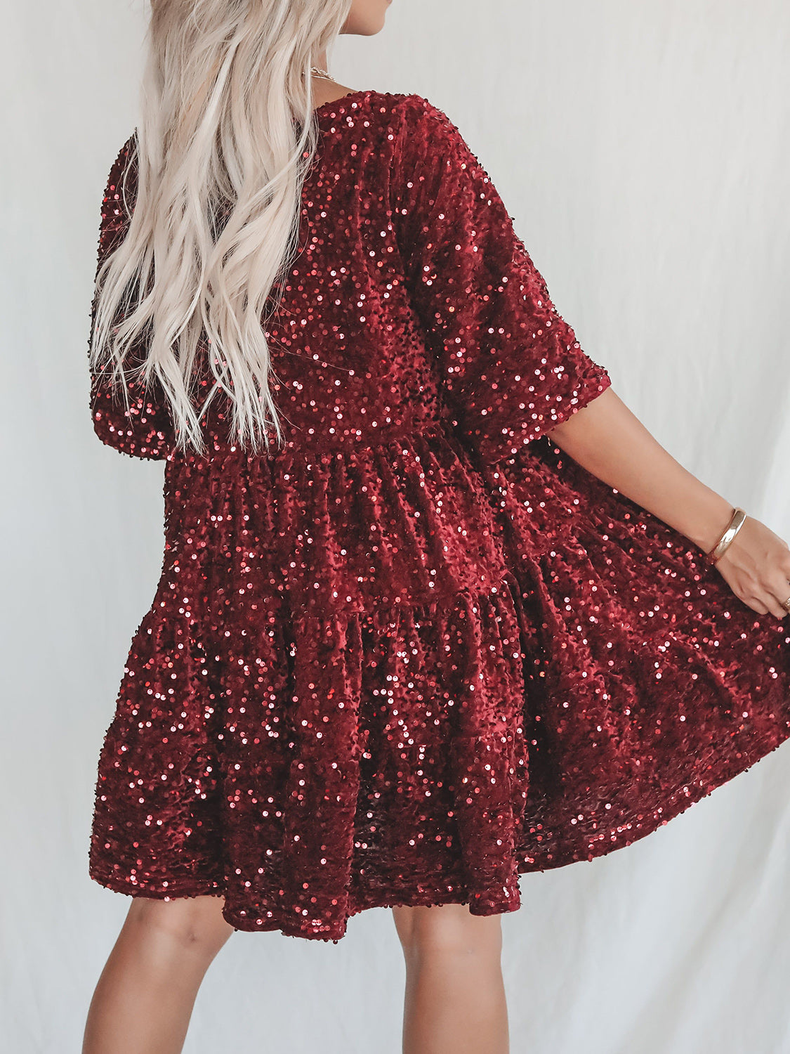 Full Size Sequin Round Neck Half Sleeve Mini Dress